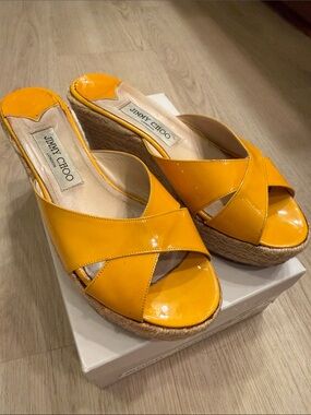 Jimmy Choo Yellow Patent Leather - Paisley (Espadrille Wedge Sandals)